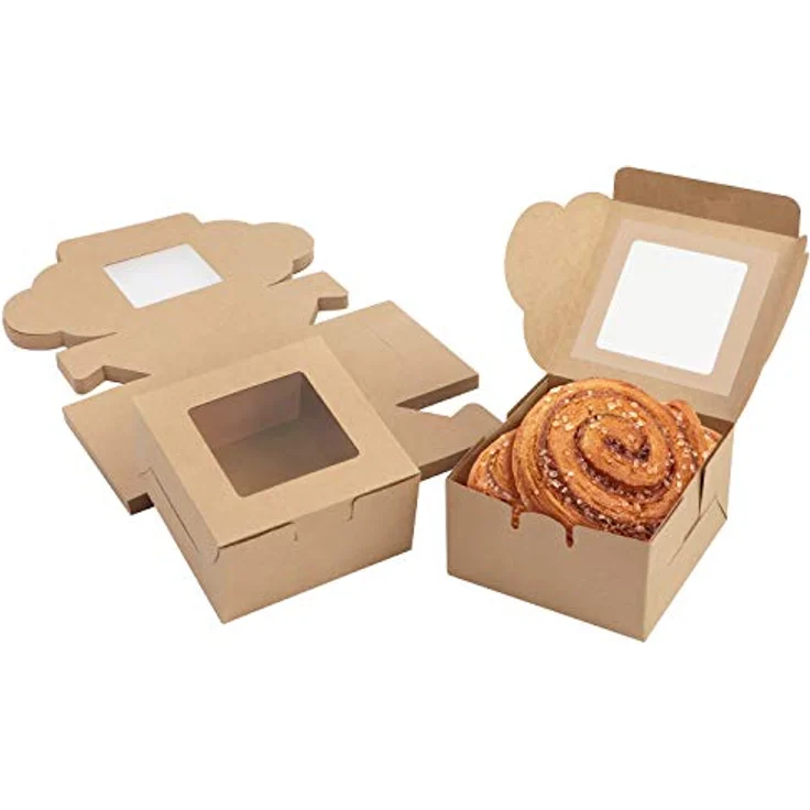 Belle Vous Braune Kraftpapier Geschenkboxen für Gebäck mit Sichtfenster (50Stk) – 10,16x10,16x5,7cm Karton Box Verpackung – Cupcake Schachtel Einweg Pappschachtel für Kekse, Kuchen, Dessert, Geschenke – Bild 1