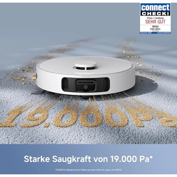 Mova E40 Ultra Nass-Trocken-Saugroboter, 600 W, 75 Tage autonom, 19.000 Pa Saugkraft, Teppicherkennung, inkl. Beutel – Bild 3