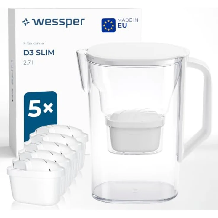 Wessper Wasserfilter Kanne für Kühlschranktür, 2,7L mit 6 Aktivkohle-Filtern, weiß, effektive Wasserfilterung – Bild 1