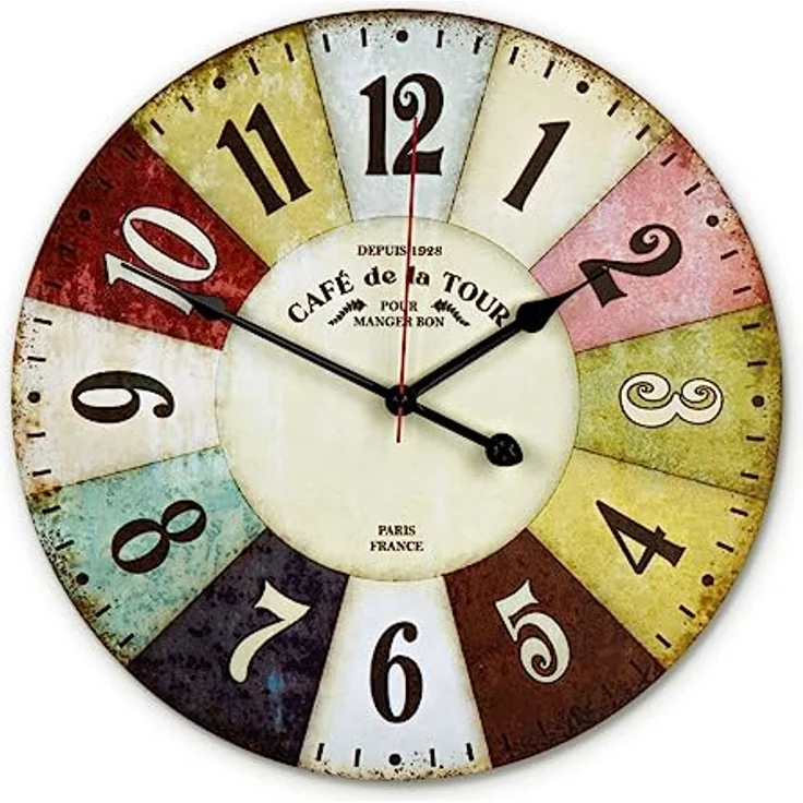 K&L Wall Art leise Retro Wanduhr Shabby Chic Küchenuhr Bunte Holz Vintage Wanduhren Ø40cm große Uhr Quarz Uhrwerk lautlos (40cm Durchmesser, MDF) – Bild 1