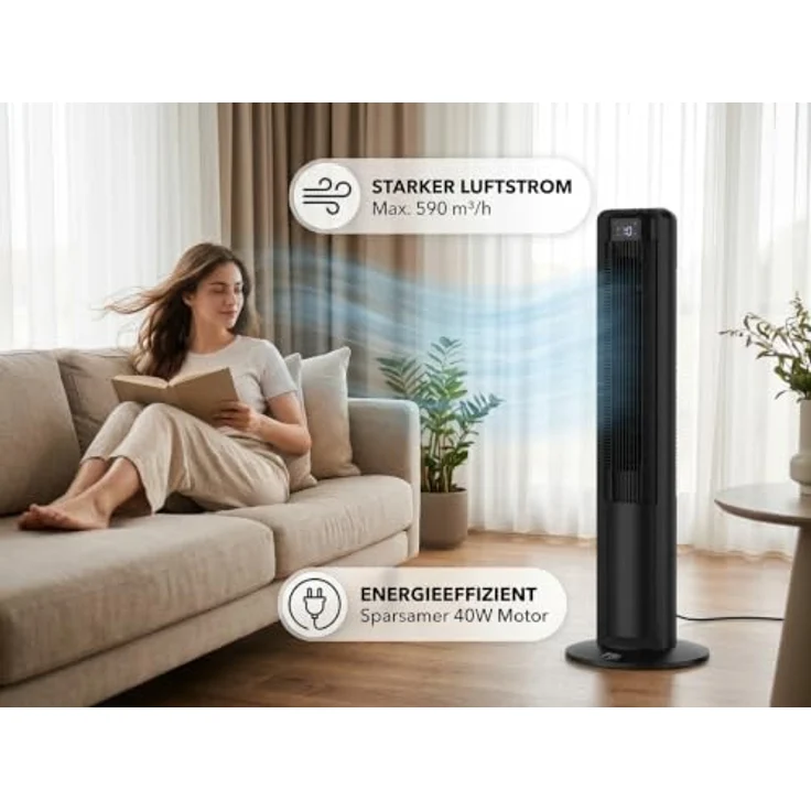 Fakir TV 18 PLUS Turmventilator mit 40W Motor, 60° Oszillation, Display, Fernbedienung & Tragegriff, leise – Bild 6