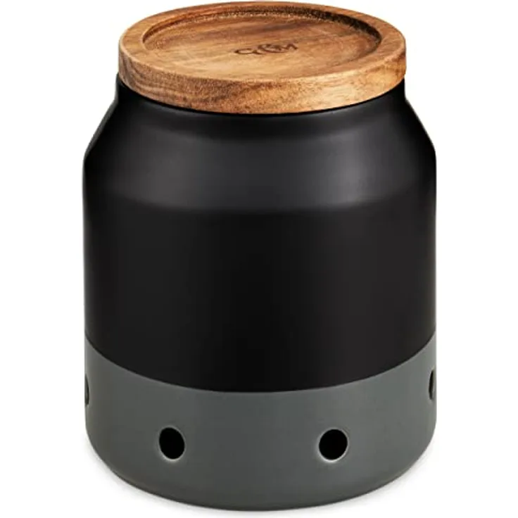 Cole & Mason H822135 Elmdon Knoblauchtopf aus Keramik, Schwarz/Grau/Braun, 120mm x 110mm, Knoblauch Aufbewahrung / Knoblauchbehälter, 2 Jahre Garantie
