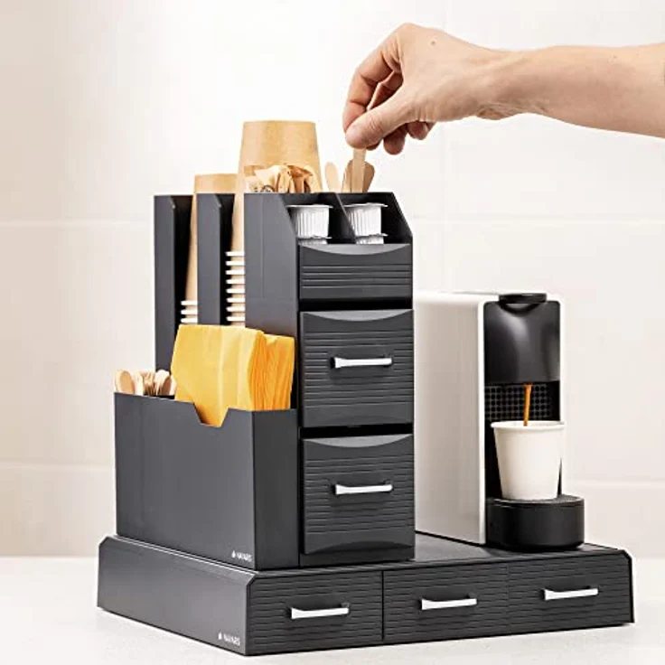 Navaris Kaffee Kapselhalter und Organizer - Aufbewahrungsbox Kaffeezubehör mit 3-fach Schublade - Behälter Kompatibel mit den Meisten Kapsel Standardgrößen - Schwarz – Bild 2