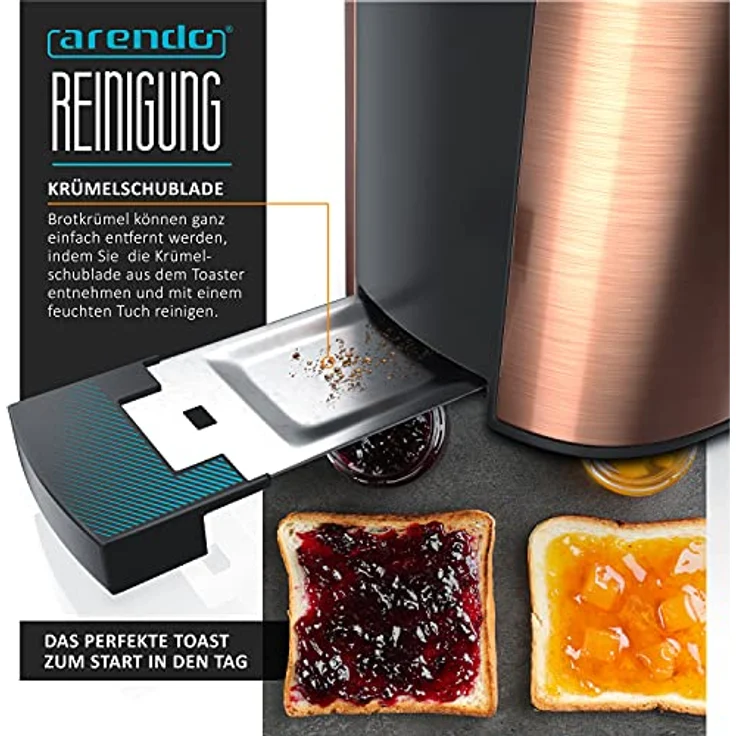 Arendo Frukost Langschlitz-Toaster - Defrost Funktion - Kupfer-Design - Brötchenaufsatz - Krümelschublade - GS-zertifiziert – Bild 3