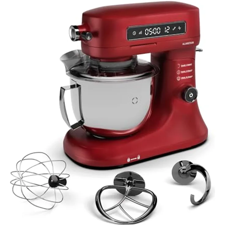 Klarstein Chiara 1600W Küchenmaschine – Leise ≤72 dB, LCD-Touch-Display, 5L Edelstahlschüssel, Rot
