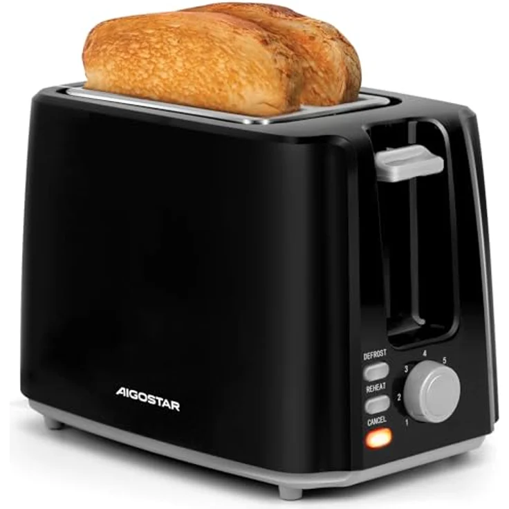 Aigostar Toaster, 750W Sandwichtoaster mit 7 Bräunungsstufen, Auftau- & Aufwärmfunktion, 2 breite Toastschlitze, schwarz – Bild 1