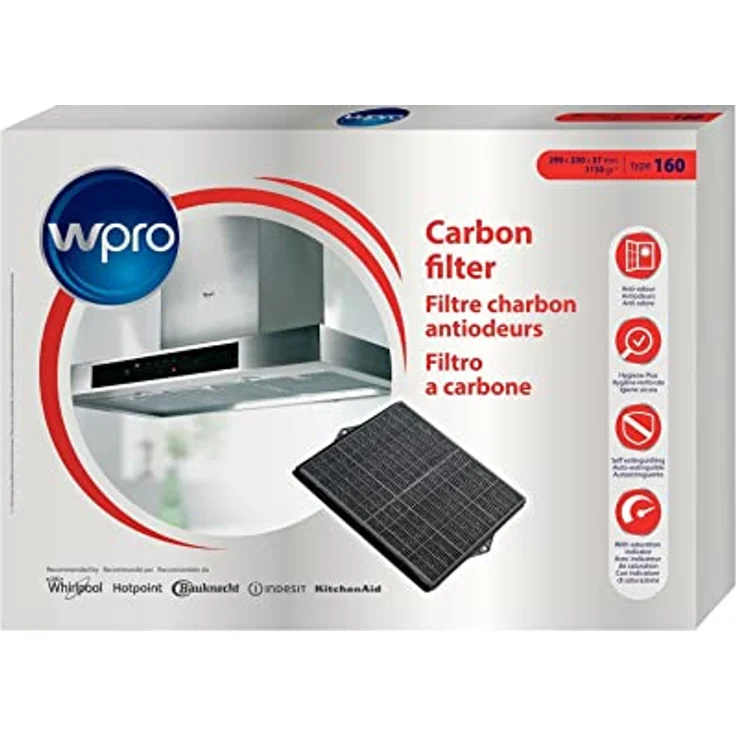 Whirlpool Kohlefilter Typ 160 CHF160, Dunstabzugsfilter 290 x 230 mm, kompatibel mit AKR998 und Scholtes Modellen