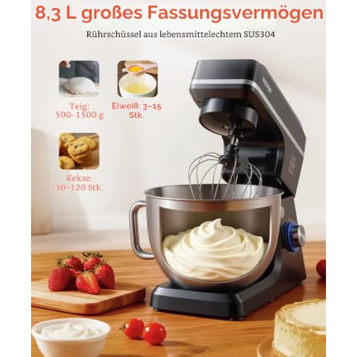 VEVOR Teigmixer 1400 W, Küchenmaschine mit 7,84 L Edelstahlschüssel, kippbarem Kopf, Knethaken, Schneebesen, schwarz – Bild 5