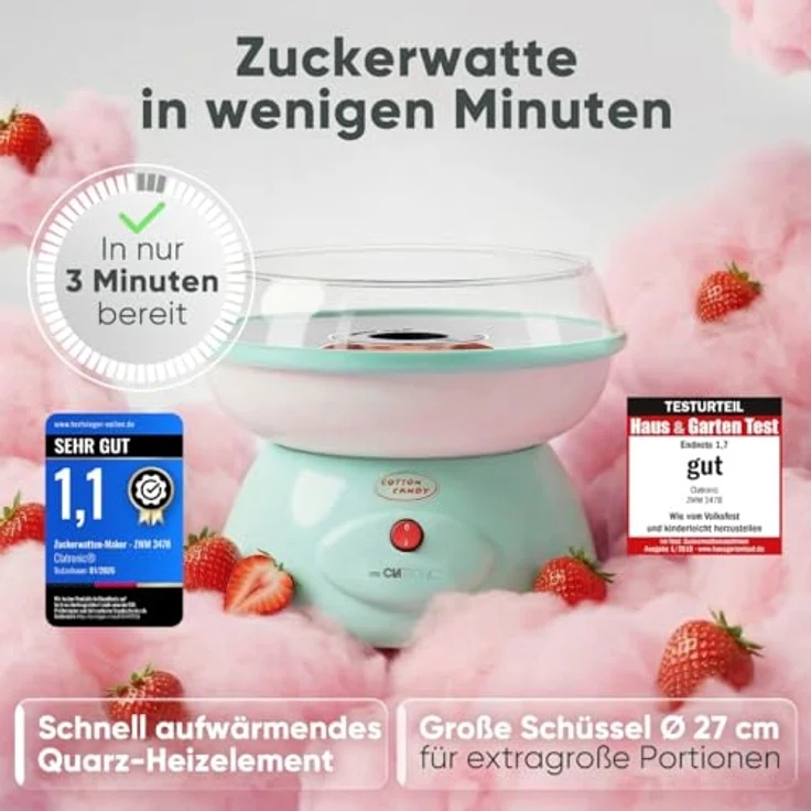 Clatronic ZWM 3478, Zuckerwattemaschine 500W mit Messlöffel, 10 Holzstäbchen und Spritzschutz, mint – Bild 2