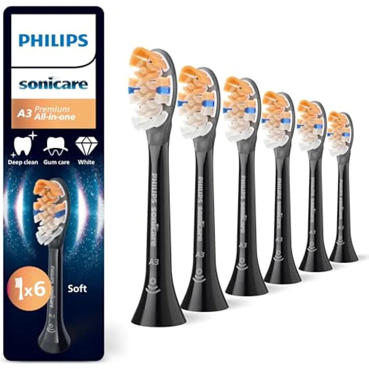 PHILIPS Philips Sonicare A3 Premium All-in-One, Original Ersatzbürstenköpfe, Schwarz, 6er-Pack, HX9096/88, Bürstenkopf mit präzisen Borsten, entfernt bis zu 100% mehr Verfärbungen – Bild 1