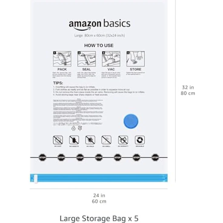 Amazon Basics Vakuumbeutel für Kleidung, 5er-Pack groß mit luftdichtem Ventil und Handpumpe, transparent, platzsparend und reißfest – Bild 5