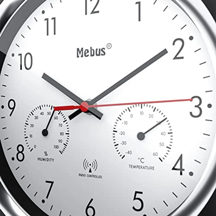Mebus Funk-Wanduhr mit Thermometer und Hygrometer/schwarzer Rahmen/weißes Zifferblatt / 24cm Durchmesser/Rund/Modell: 19453 / Farbe: Schwarz, Weiß – Bild 2