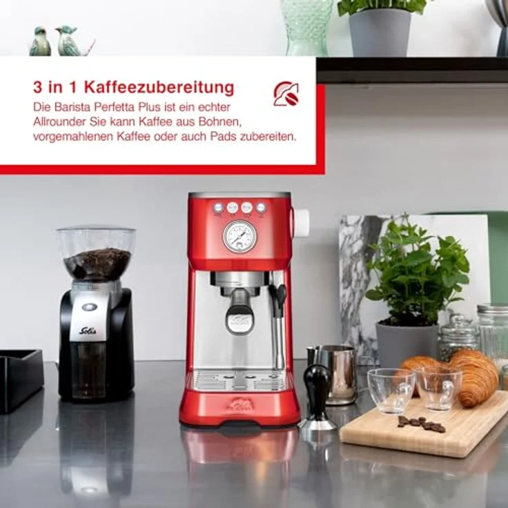 Solis Espressomaschine, Manometer, Dampf- und Heißwasserfunktion, PID-Temperaturregler, 54 mm Siebträger mit Doppelauslauf, 15 bar, 1,7 l Wassertank, Edelstahl, Barista Perfetta Plus Red (Typ 1170) – Bild 5