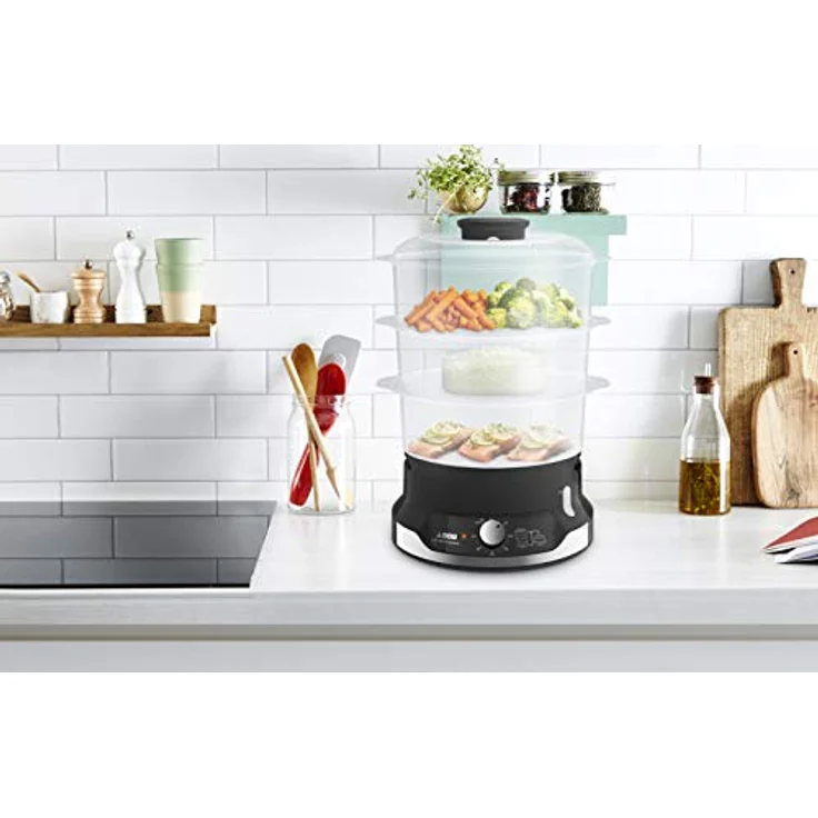SEB Ultracompact Dampfgarer VC204800, 9 l, 800 W, 3 stapelbare Schüsseln, 60 Minuten Timer, automatische Abschaltung, sichtbarer Wasserstand – Bild 4