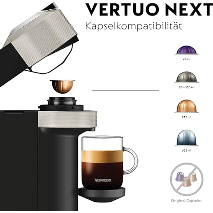 Krups XN910B Nespresso Vertuo Next Kaffeekapselmaschine, 1,7 Liter Wassertank, Kapselerkennung durch Barcode, 6 Tassengrößen, Power-Off Funktion, aus 54 % recyceltem Kunststoff, Light Grey – Bild 4
