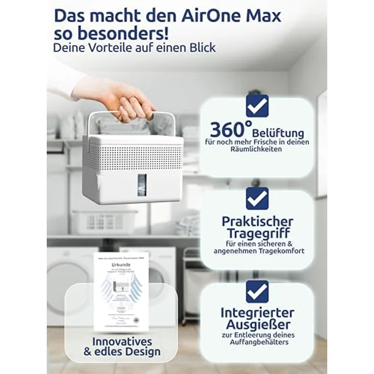 BonAura® AirOne Max, 2 x stromlose Luftentfeuchter bis 33m², 360° Belüftung, mit Ausgießer & 980g Granulat, Schimmel- und Geruchsschutz für Keller und andere Räume – Bild 3