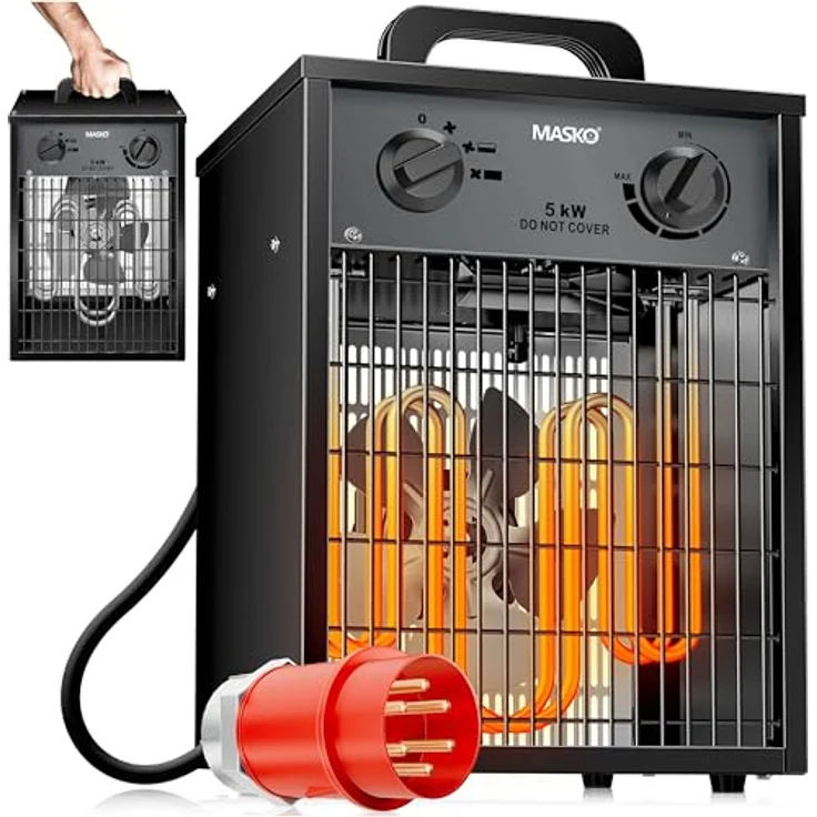 MASKO® Elektroheizer Heizlüfter Bauheizer 5 KW, elektrisch mit integriertem Thermostat, 3 Heizstufen, Überlastschutz, für Innen- & Außeneinsatz, anthrazit – Bild 1