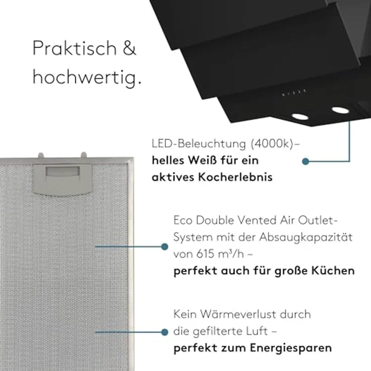 Wiggo B643 Dunstabzugshaube 60cm kopffrei I Abluft Umluft Dunstabzug 615m³/h - Touch-Display 4 Stufen I Energieeffizienzklasse B Schräghaube inkl. 2x Kohlefilter I Abzugshaube Glasfront schwarz – Bild 3