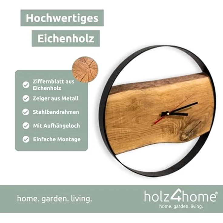 holz4home® Wanduhr mit Stahlrahmen aus massiver Eiche Ø 43 cm Handgefertigtes Unikat für Wohnzimmer Küche Büro Flur (Loft Stil) - Preisvergleich – Bild 3