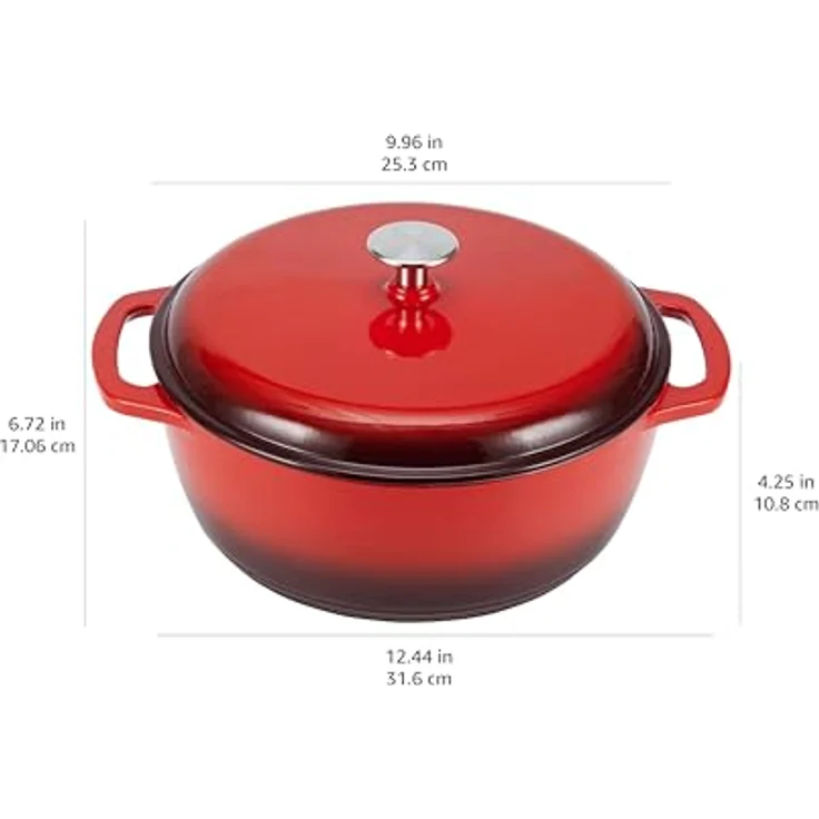 AmazonBasics Bräter Schmortopf aus liertem Gusseisen, 4 L, Rot – Bild 5