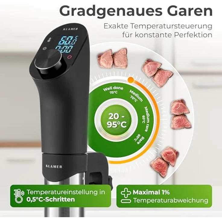 KLAMER 675051 Sous Vide Stick, 1200 Watt, wasserdichter Sous Vide Garer, mit 20-95? Temperaturregelung, Timerfunktion und LED Display – Bild 2