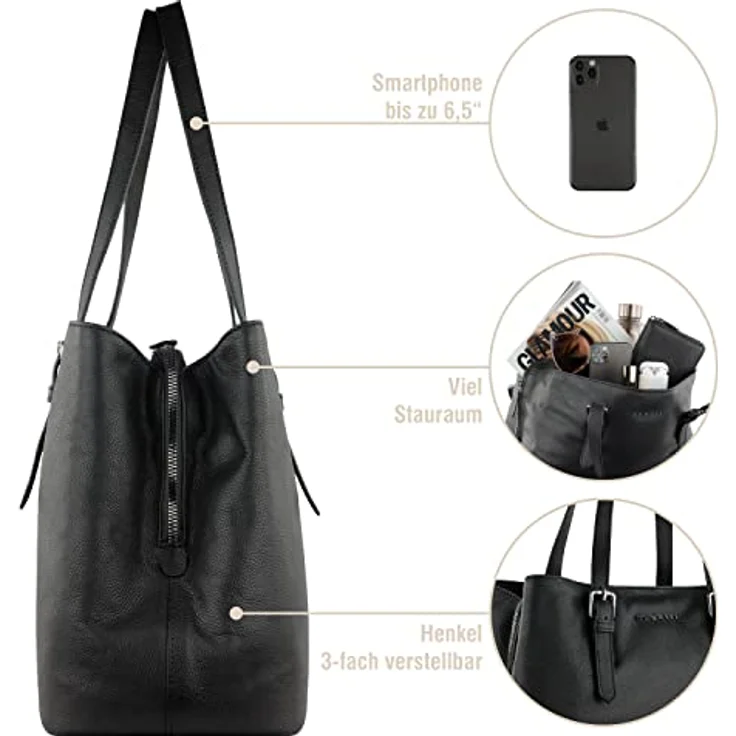 bugatti Shopper Bella Ladiesbag aus hochwertigem Rindleder, mit drei Hauptfächern – Bild 4