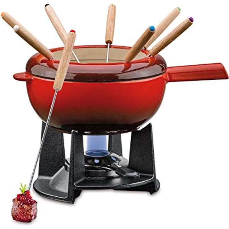 Spring Gusseisen Fondue Set rot | Ø 20 cm | mit 8 Fonduegabeln und Spritzschutz | für Käsefondue, Fleischfondue | Rechaud Brenner – Bild 1