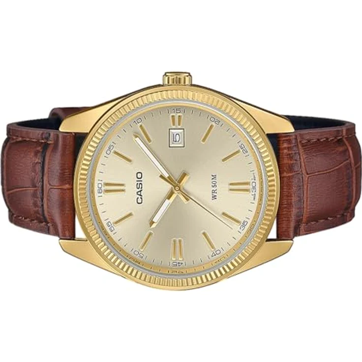 Casio Herrenuhr Quarz mit Lederband MTP-1302PGL-9AVEF, Edelstahl beschichtet, goldene Zifferblatt – Bild 2