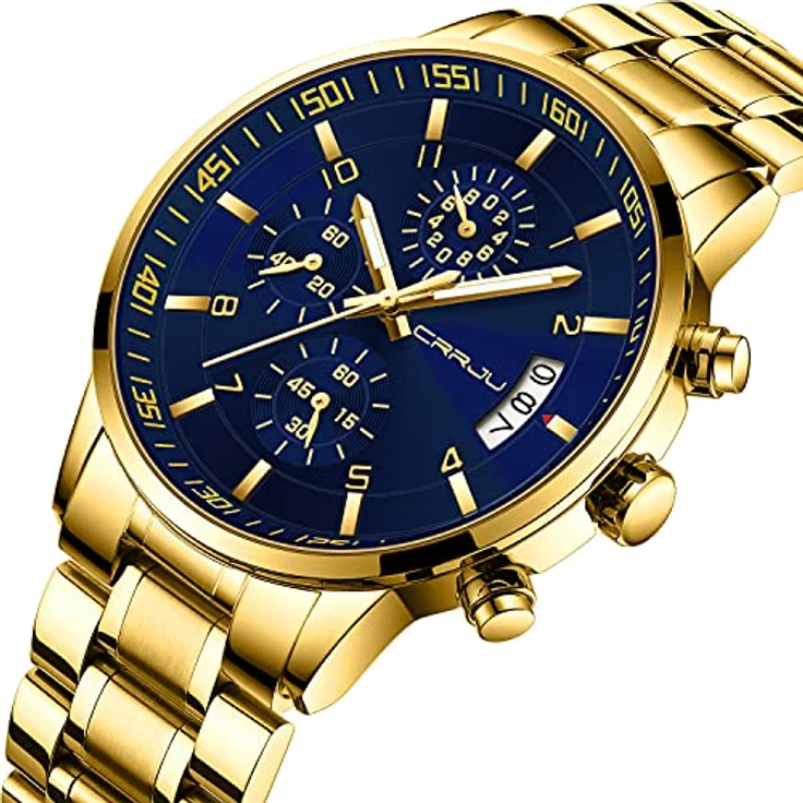 CRRJU Herren Chronograph Armbanduhr, wasserdicht 30m, Edelstahlarmband, analog mit Kalender, Gold Blau – Bild 2