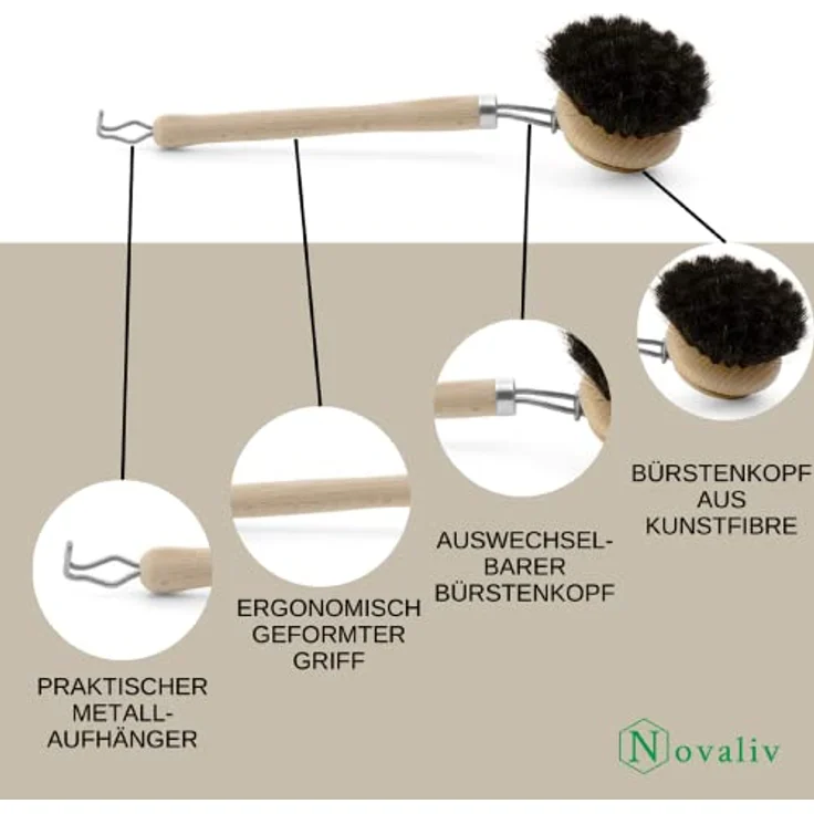 Novaliv Kehrgarnitur 19790-19793x4-1x, 4-teiliges Set mit Spülbürste und 3 Wechselköpfen, Rosshaarborsten, Holz, groß – Bild 2