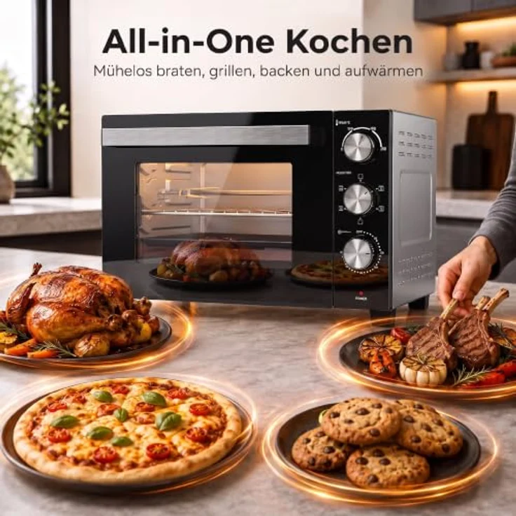 HOMCOM Mini Backofen mit Umluft, 36L, Drehspieß, 1500W, Silber, 90–230℃, 60 Min. Timer – Bild 4