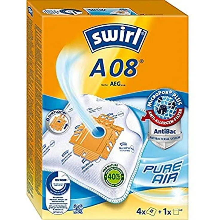 Swirl A08 Staubsaugerbeutel, MicroPor® Plus Filtration mit Anti-Allergen-Filter und Dirtlock®-Technologie, 1 Stück