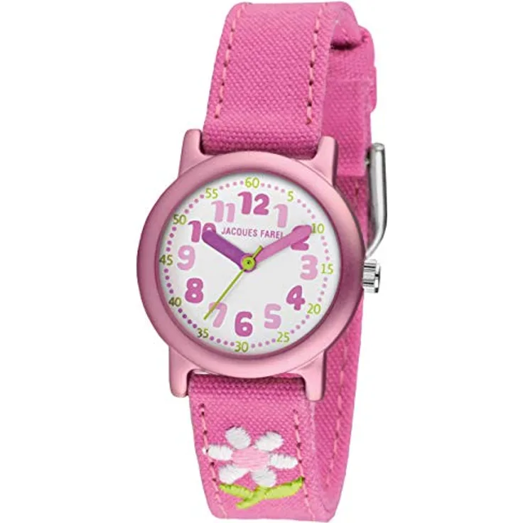 JACQUES FAREL Öko-Kinderuhr Mädchen Armbanduhr mit Stoffband aus Bio-Baumwolle Analog Quarz Blume Rosa Pink 3 bar Wasserdichtigkeit