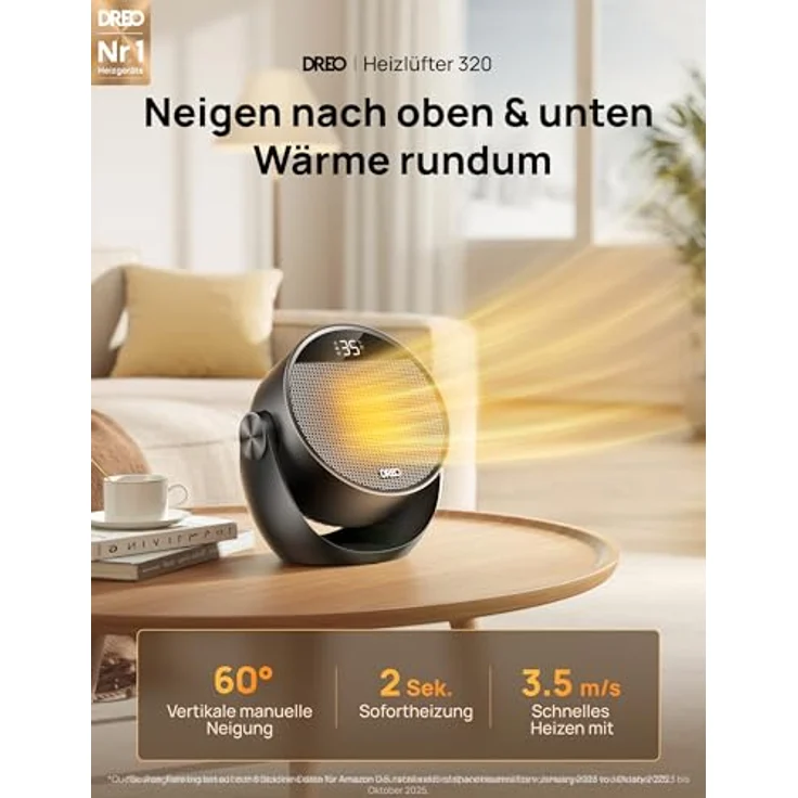 Dreo Heizlüfter, Tragbarer 1500W Heizlüfter mit Fernbedienung, 60° Neigbar, Thermostat, 3 Heizmodi, 8 Sicherheitsfunktionen, Schwarz – Bild 2