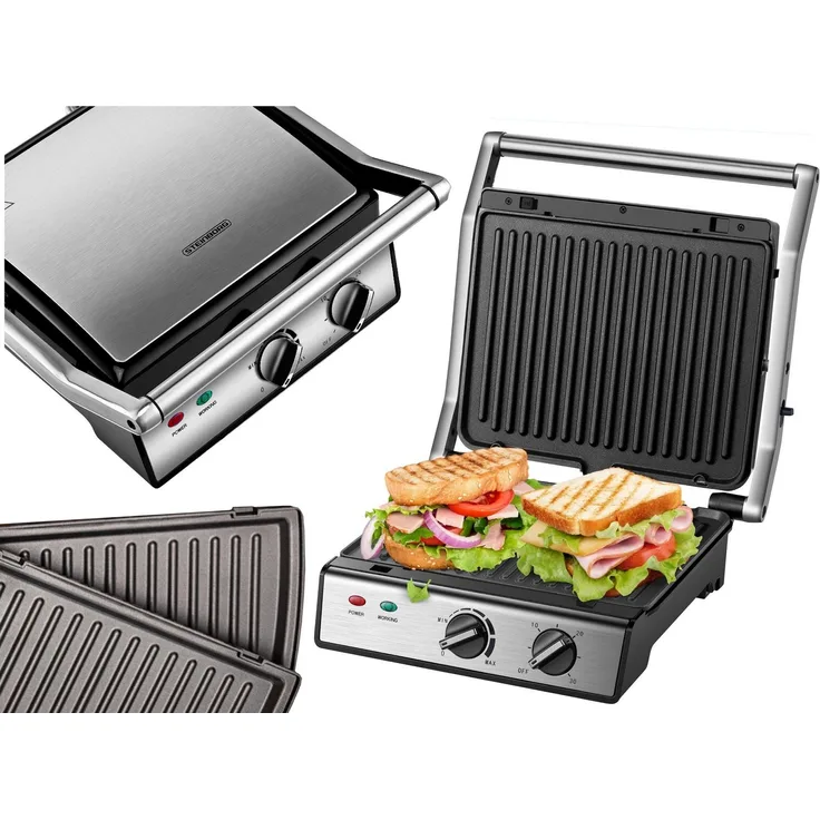 STEINBORG Kontaktgrill SB-2130, 2000 W, Edelstahlgehäuse, Cool-Touch-Technologie, Antihaftbeschichtung