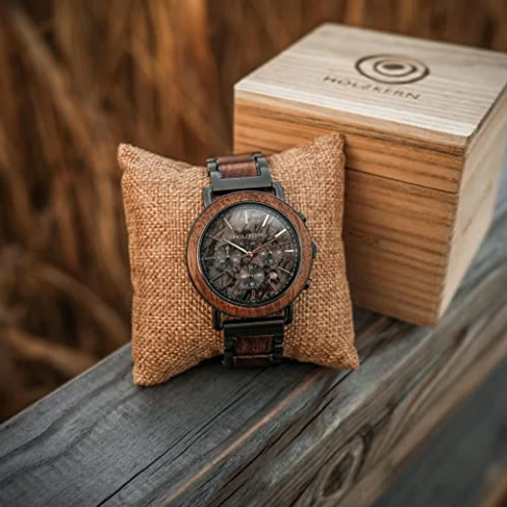 Holzkern Quarzuhr Chronograph Askja, Walnuss/Marmor, Edelstahl, 45 mm, Datumsanzeige, Stoppuhr bis 60 Minuten, spritzwassergeschützt – Bild 7