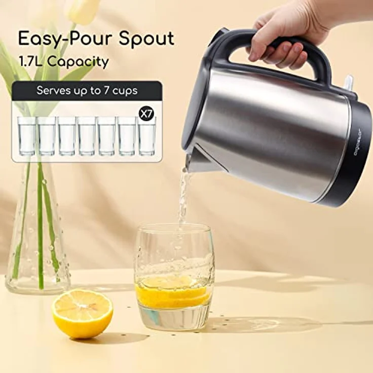 Aigostar 300104LYF Wasserkocher, 2200 Watt, 1,7 Liter, kabellos, Kalkfilter, Abschaltautomatik, Edelstahl, Kunststoff, silber, schwarz – Bild 5