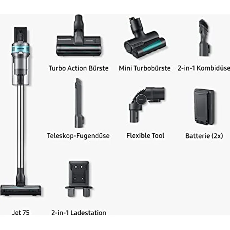 Samsung Jet 75 pet extra VS20T7562R5/EG, Akku-Handstaubsauger inklusive Ersatzakku, kabellos, beutellos, max. 200 W, wechselbarer 21.9V Li-Ion Akku, 0,8 Liter, ChroMetal Silber – Bild 3