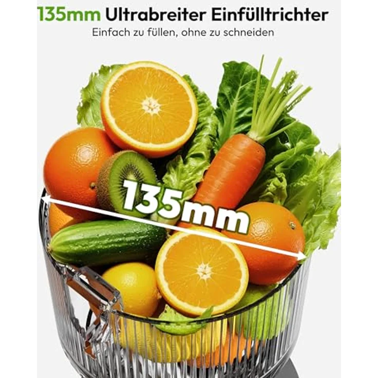 EUHOMY Slow Juicer, Kaltpress-Entsafter für ganze Gemüse und Obst, 135 mm XL-Einfüllschacht, 1,8 Liter Behälter, 220W leiser Motor – Bild 2