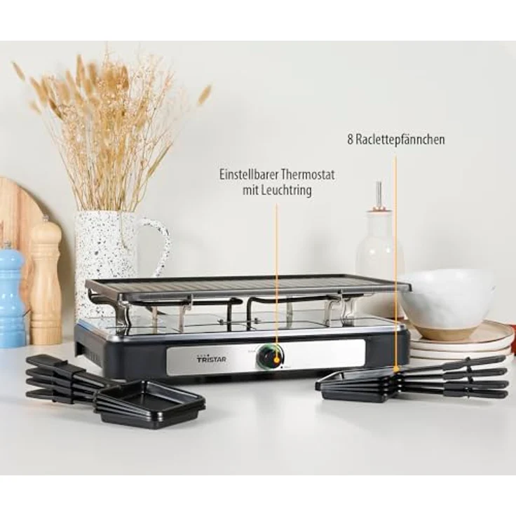 Tristar Raclette – 8 Personen – Kochfläche 42 x 23 cm – Einstellbarer Thermostat mit Lichtring – 1400 W – Schwarz – RA-2746 - Preisvergleich – Bild 5