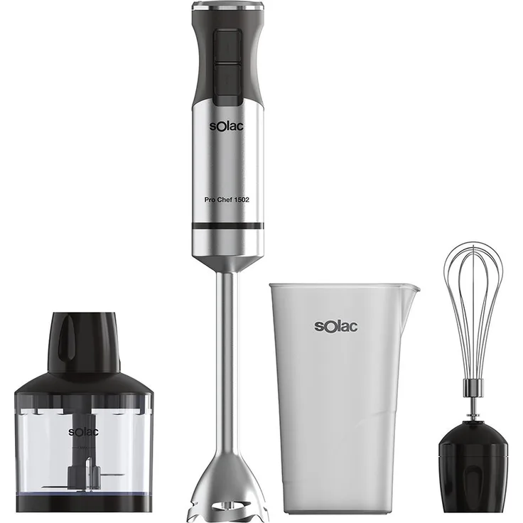 Solac Pro Chef 1502, Tragbarer Mixer mit 1500 W, Edelstahl-Schaft, inklusive 0,7 l Gefäß und 0,35 l Zerkleinerungsschüssel, Schwarz