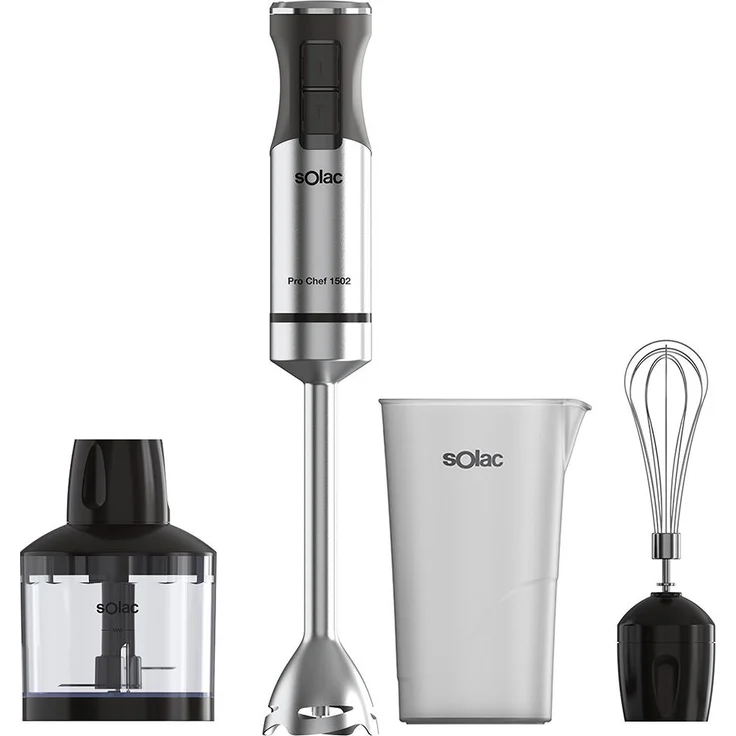 Solac Pro Chef 1502, Tragbarer Mixer mit 1500 W, Edelstahl-Schaft, inklusive 0,7 l Gefäß und 0,35 l Zerkleinerungsschüssel, Schwarz