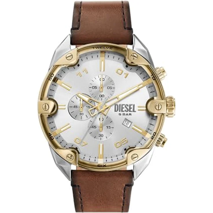 Diesel Chronograph SPIKED, Quarzuhr, Armbanduhr, Herrenuhr, Stoppfunktion, Lederarmband, silberfarben/braun – Bild 2