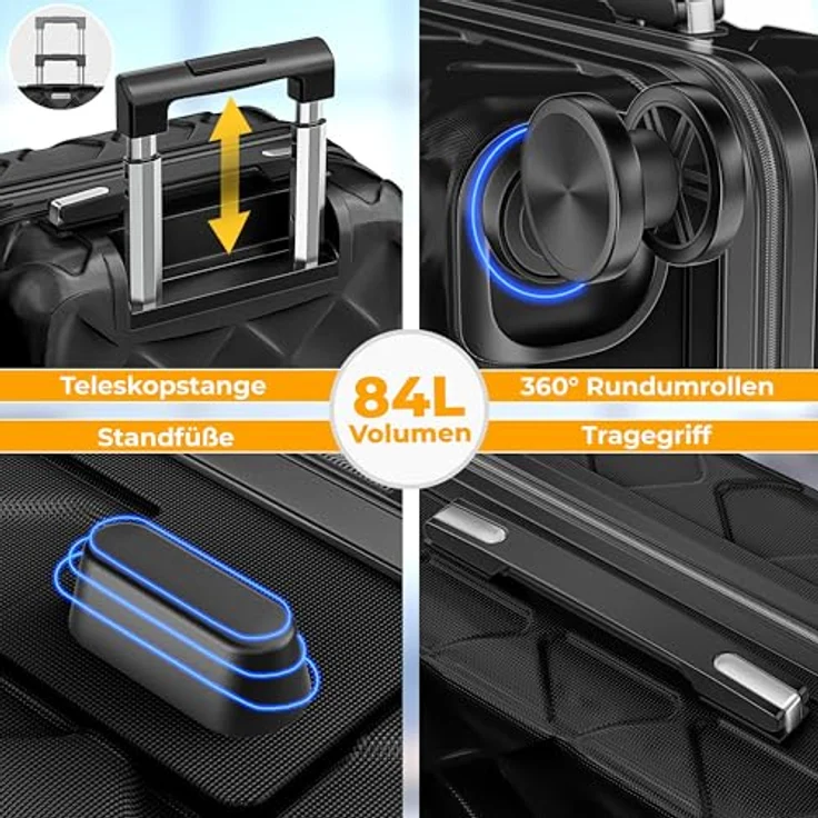 KESSER® Reisekoffer 84L, ABS Hartschalenkoffer mit Zahlenschloss, integrierter Kofferwaage & Reisebrieftasche, 360° Rollen, Black – Bild 5