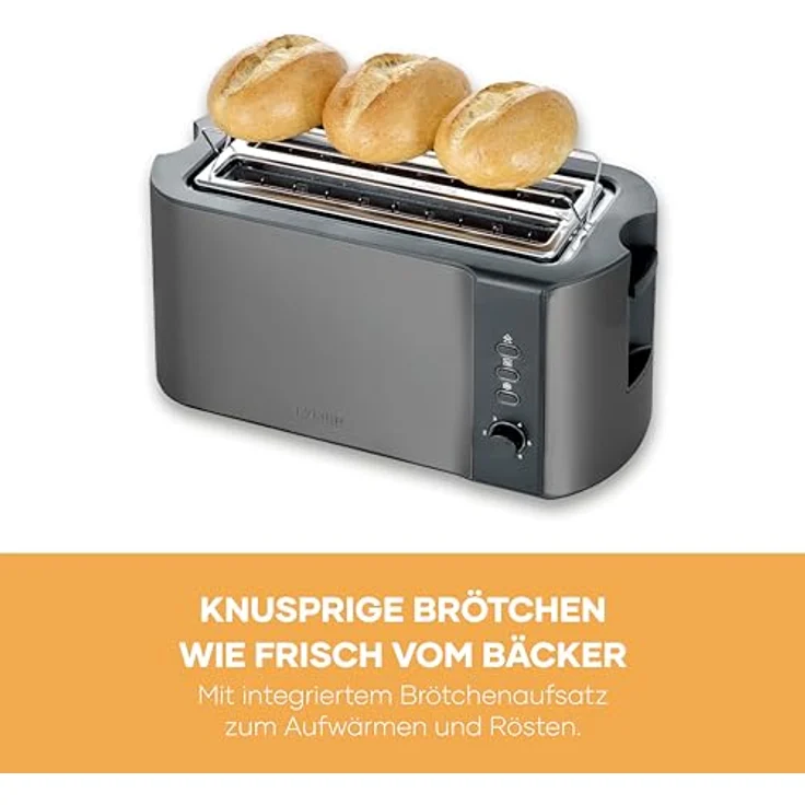 Severin AT 9341 Langschlitz-Toaster, 4-Scheiben Toaster mit 1400 Watt, Schwarz und Edelstahl, Auftaufunktion und Brötchenaufsatz – Bild 6
