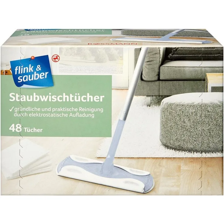flink & sauber Staubwischer Nachfüllpack, 48 Staubwischtücher aus 100% Mikrofaser, elektrostatisch aufladend, passend für alle Trocken-Wischsysteme, 22 x 30 cm
