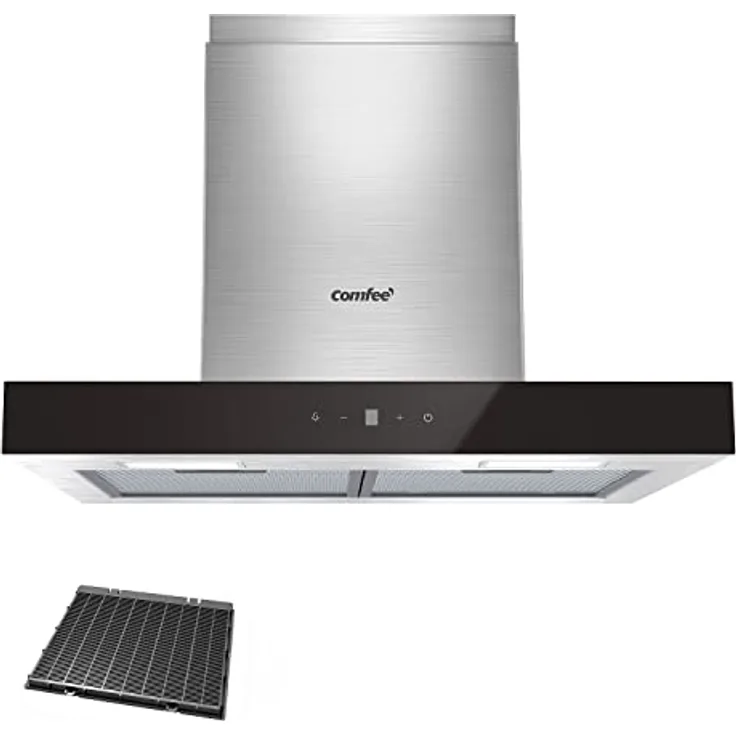 COMFEE' A+++ Dunstabzugshaube 60cm Umluft & Abluft, CHW 7.6M77A3 650m³/h Wandabzugshaube mit 1 Kohlefiltern, 4 Geschwindigkeiten, Touch Control, LED-Beleuchtung Wandhauben, Glas in Inox, Schwarz