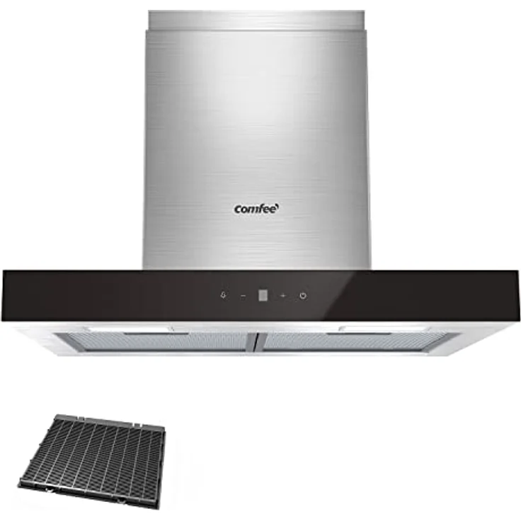 COMFEE' A+++ Dunstabzugshaube 60cm Umluft & Abluft, CHW 7.6M77A3 650m³/h Wandabzugshaube mit 1 Kohlefiltern, 4 Geschwindigkeiten, Touch Control, LED-Beleuchtung Wandhauben, Glas in Inox, Schwarz – Bild 1