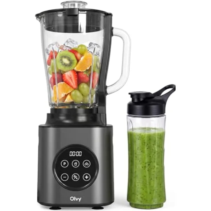 Olvy Standmixer Smoothie Maker, 1000 Watt, Glasbehälter 1500ml, Smart-Touch-Display, inklusive To-Go Trinkflasche