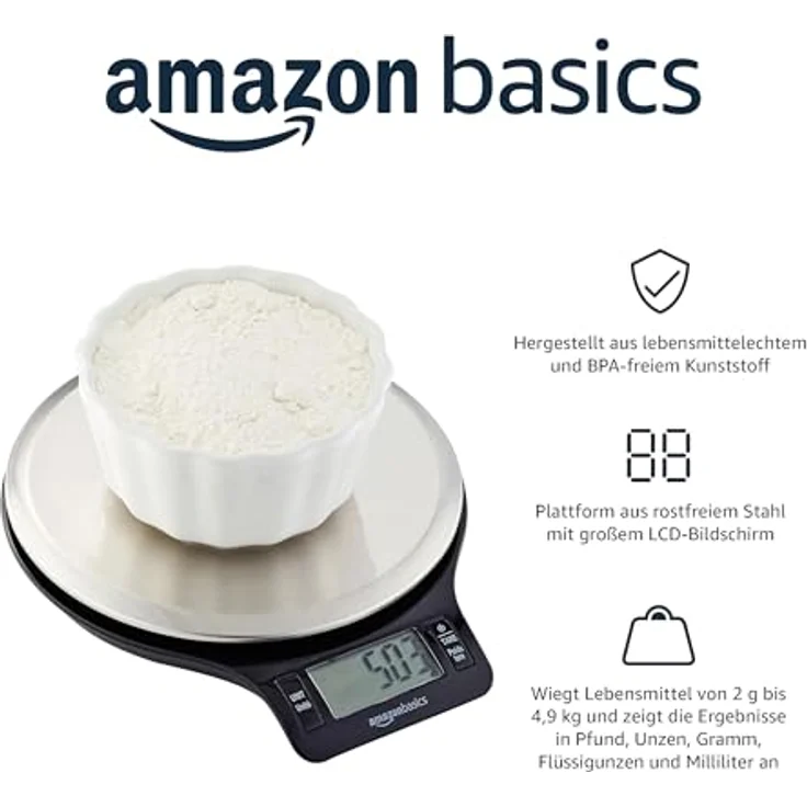 AmazonBasics Digitale Küchenwaage mit LCD-Anzeige (mit Batterien), Edelstahl, BPA-frei – Bild 2
